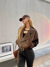 PrettyDragon brown vintage short leather jacket biker long sleeve jacket vintage short tops female